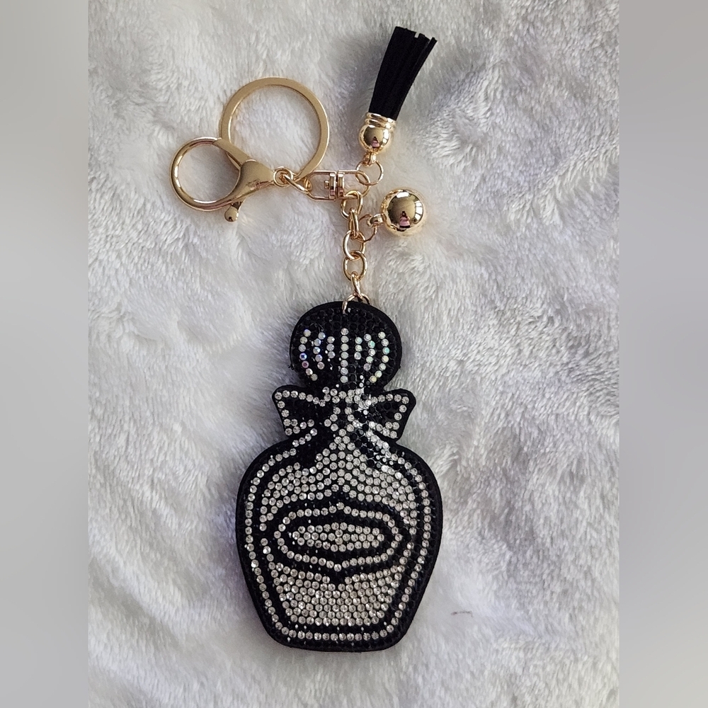 Perfume Bottle Black and Silver Rhinestones Keychain with Tassel Bag Charm
